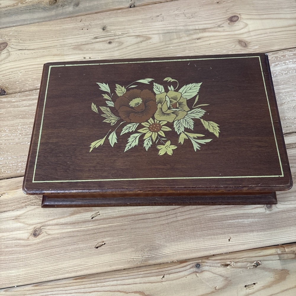 Vintage Wood Jewelry Box Yellow Velvet Lining Mid-Century Necklace & Ring Slots
